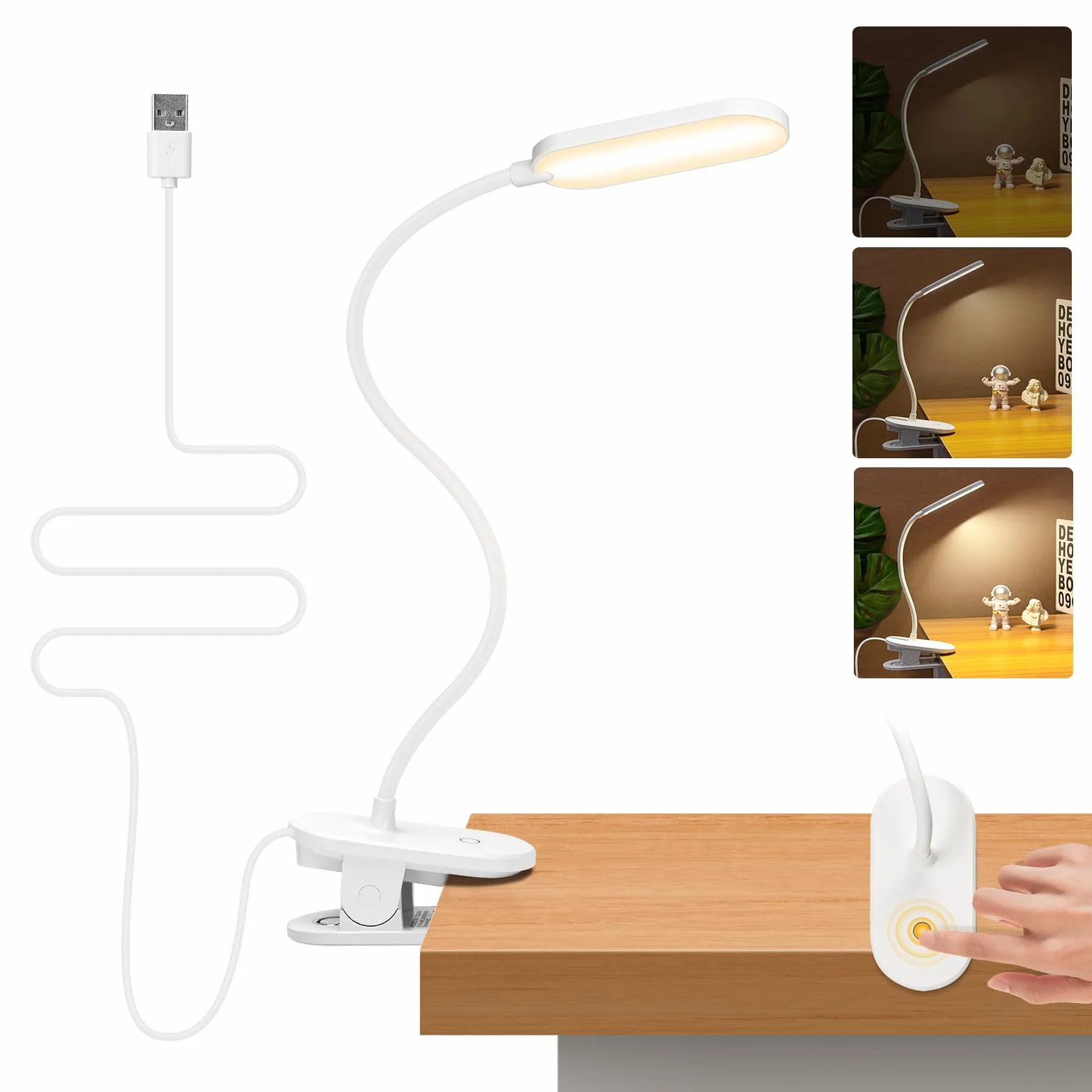 Aigostar Lampa do Czytania z Klipsem - Lampka Nocna LED Zasilana USB (Bez Baterii), 3 Poziomy Jasności, Elastyczne Ramię 360°, Ochrona Oczu 4000K, Idealna do Łóżka i Biurka, Biały
