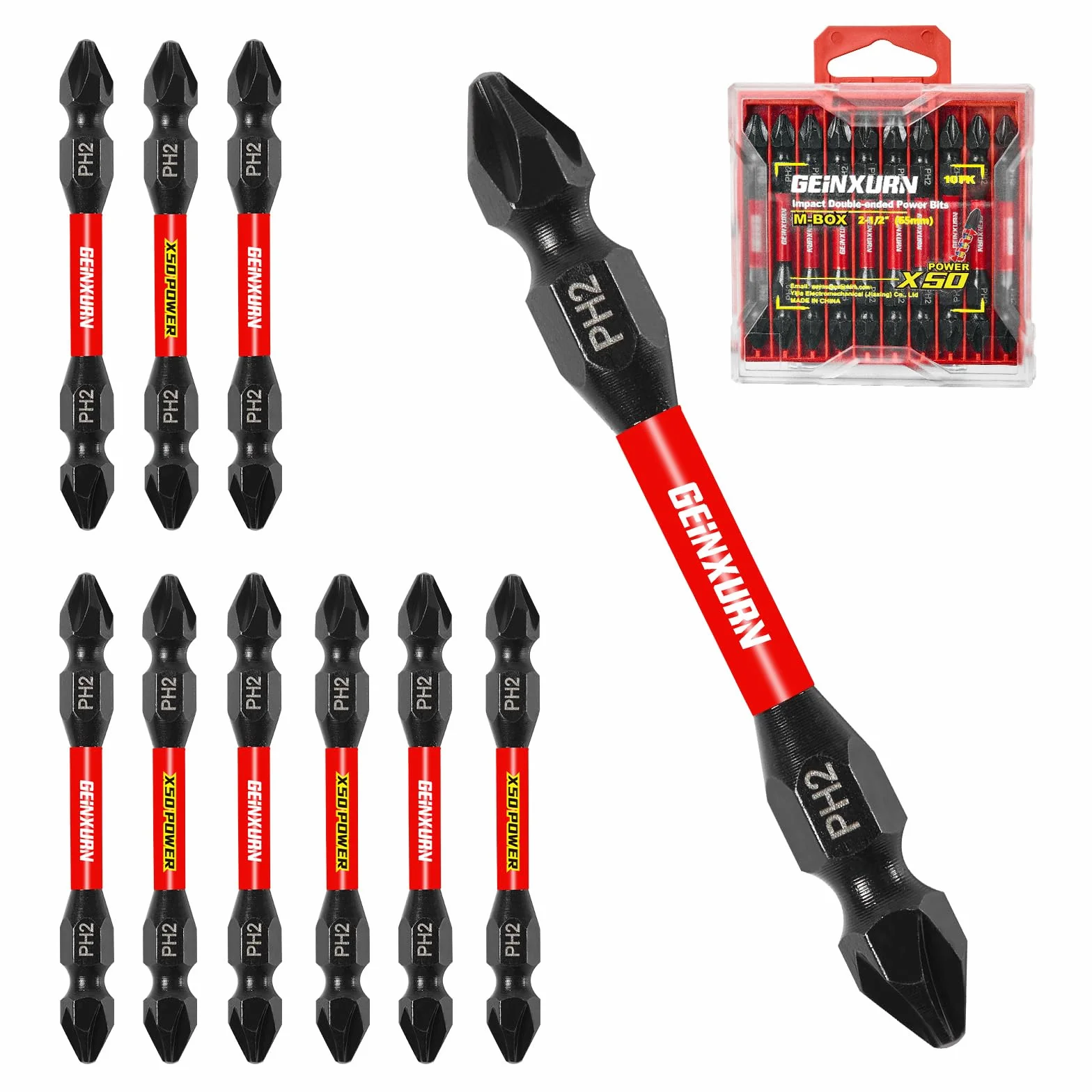 GEINXURN 10-częściowy zestaw bitów PH2/PH2 z rowkiem krzyżowym, odporny na uderzenia, podwójny zestaw bitów 65 mm #2 Phillips, magnetyczny, ze stali S2, z pudełkiem do przechowywania
