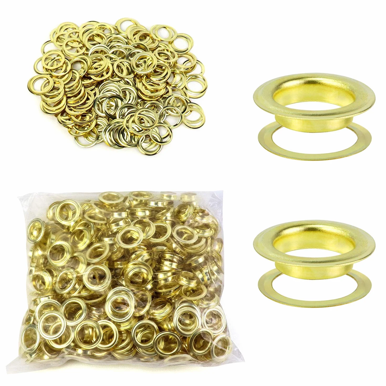 QWORK Zestaw narzędzi do przelotek, 500 sztuk przelotek i 500 sztuk podkładek do oczek, 10 mm (3/8 cala), do butów, odzieży, plandek z tkaniny skórzanej, Gold
