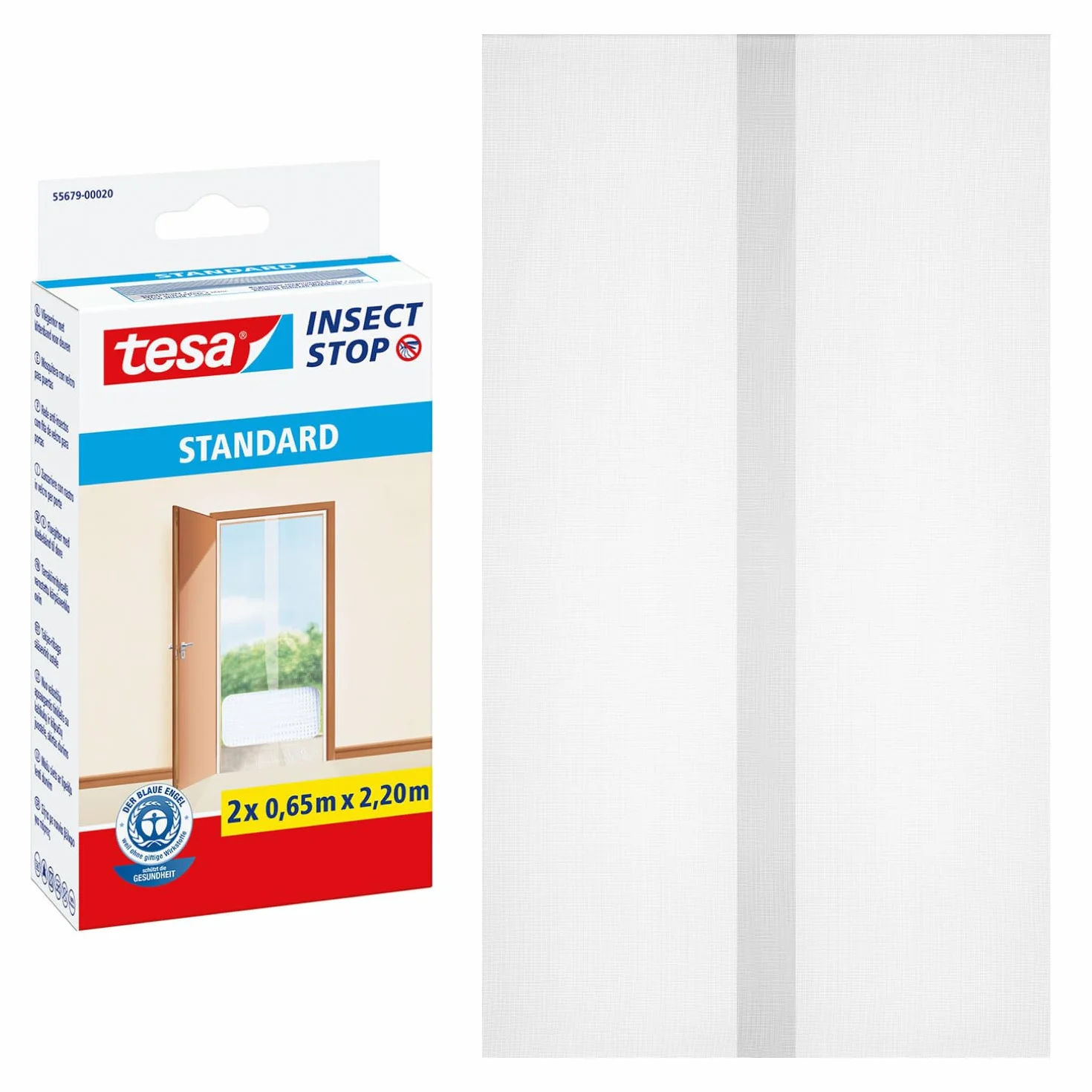 tesa INSECT STOP H&L Fly Screen for Doors - siatka na drzwi z taśmą rzepową, przycinana na wymiar, bez wiercenia - 2 x 65 x 220 cm - biały