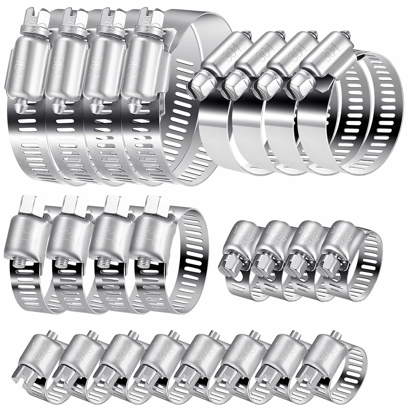 Zestaw 20 opasek zaciskowych do węża, regulowane, 6-51 mm, stal nierdzewna 304, zacisk węża do pompy paliwowej, domowej rury gazowej, pralki – 6–12/13–19/16–25/21–38/27–51 mm