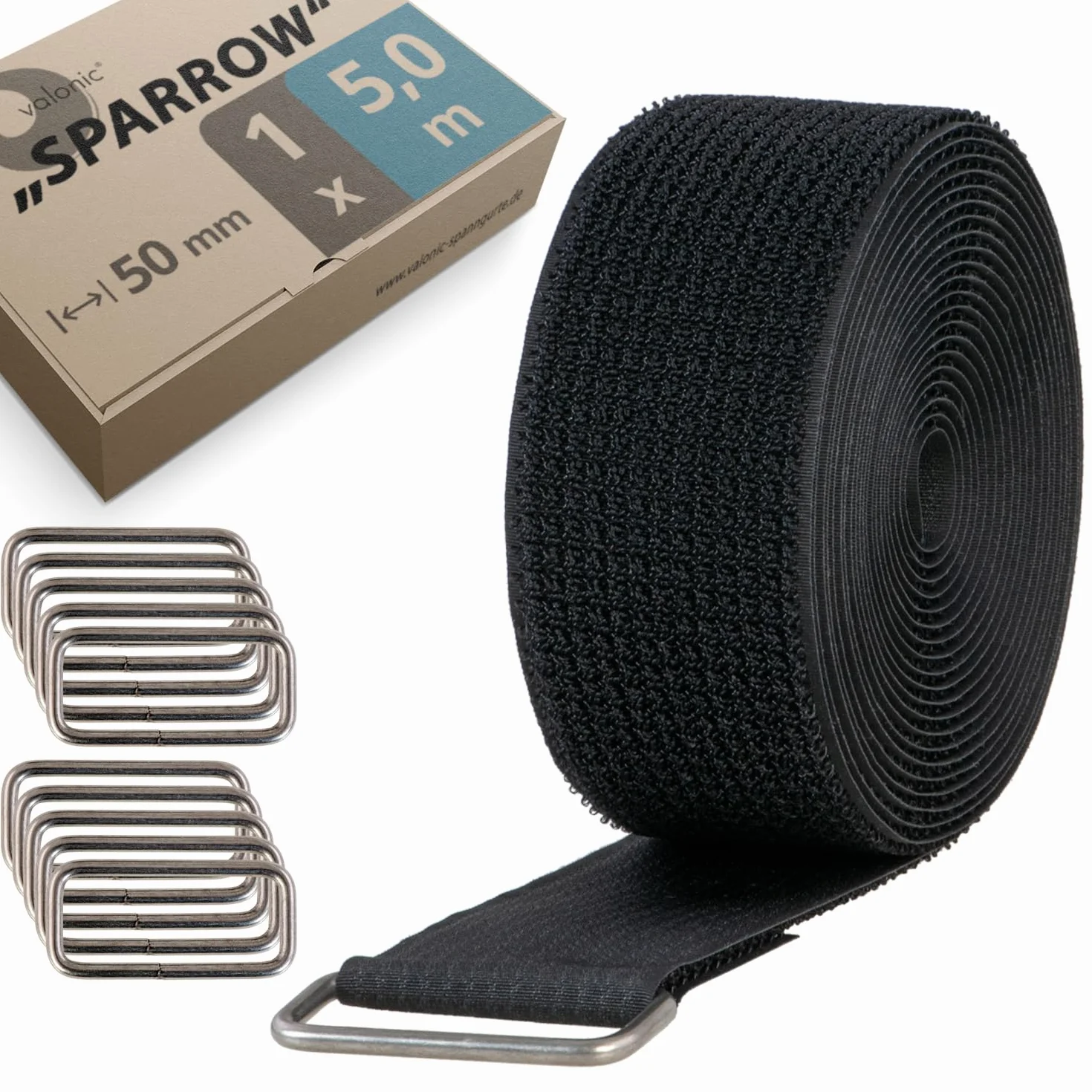 valonic SPARROW – mocna taśma rzepowa, 5 m, 50 mm, w zestawie 10 metalowych pierścieni, czarna, do porządkowania kabli, zapięcie rzepowe