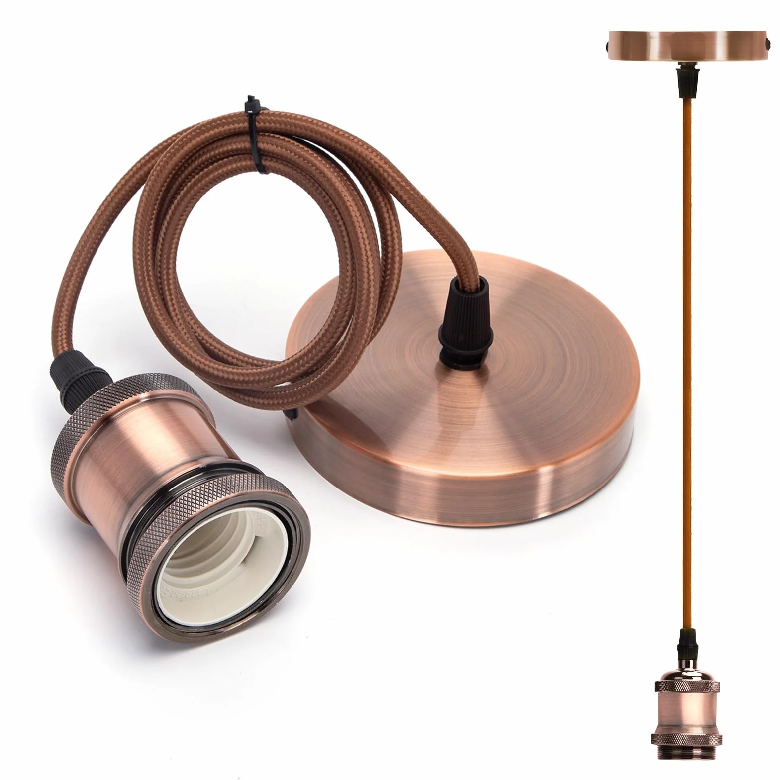 Aigostar Vintage Uchwyt na Lampę Wiszącą E27 Kabel Tekstylny 100 cm Metal Czerwona Miedź Lampa Sufitowa Retro