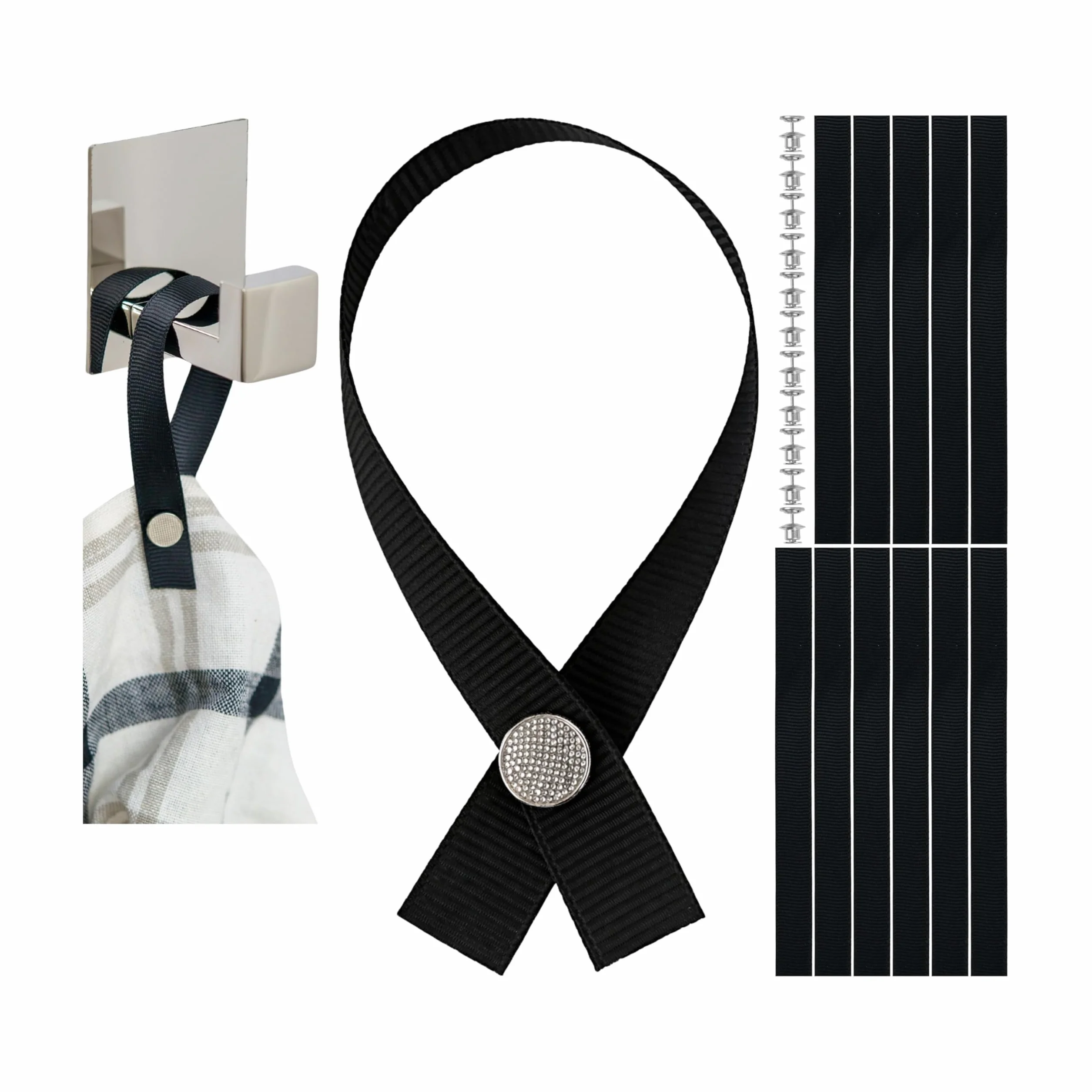 Wieszaki bez szycia do tekstyliów, 12 szt, pętelki 180 x 12 mm, w kolorze Czarnym, z zapięciem na szpilkę i guzik, ręczników kąpielowych, ściereczek, artykułów dekoracyjnych, akcesoriów kempingowych