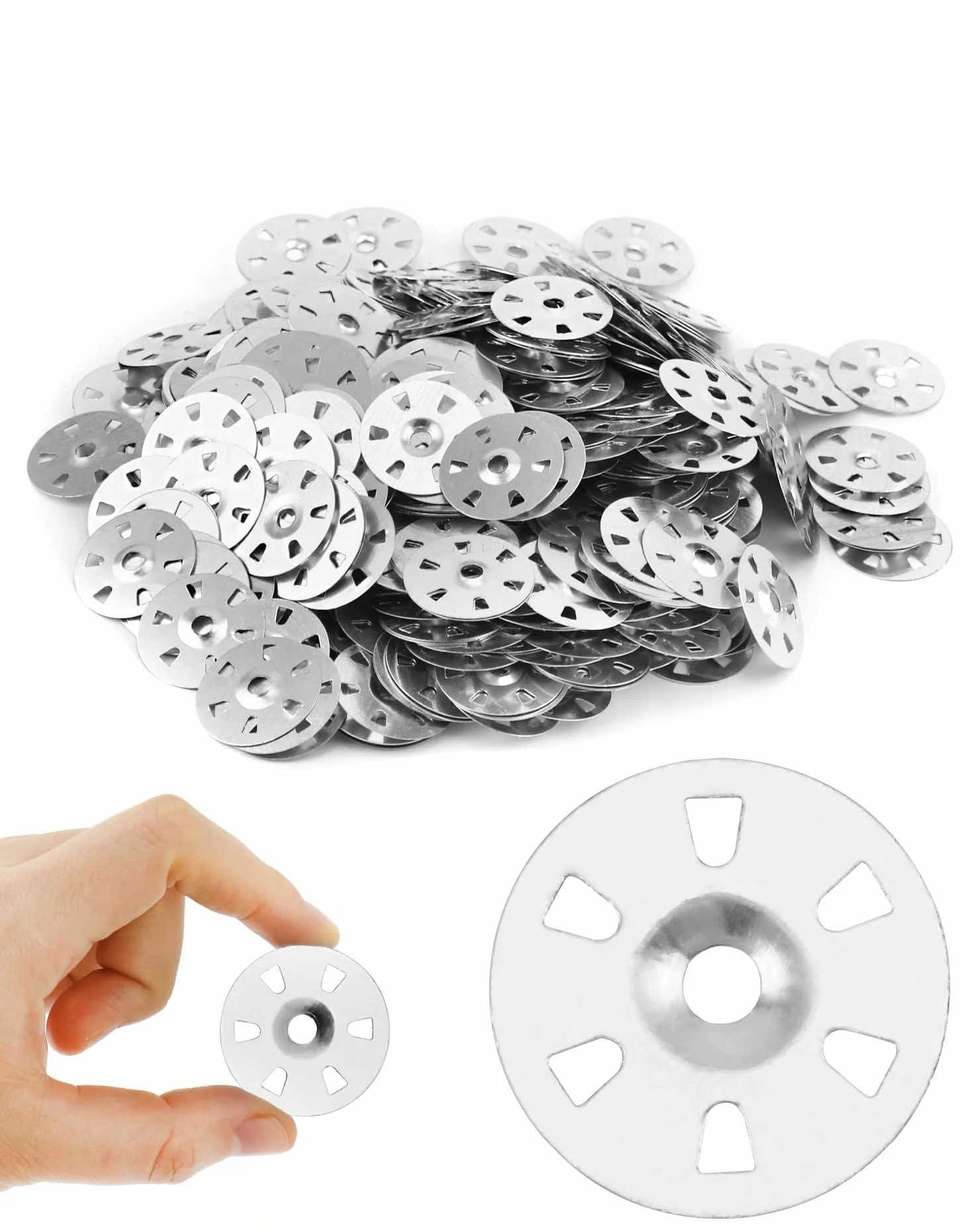 QWORK 500 szt. / opakowanie podkładki ze stali ocynkowanej o średnicy 35 mm z sześcioma otworami, łatwe mocowanie i odporne na korozję podkładki do płyt izolacyjnych, płyt gipsowo-kartonowych i płytek