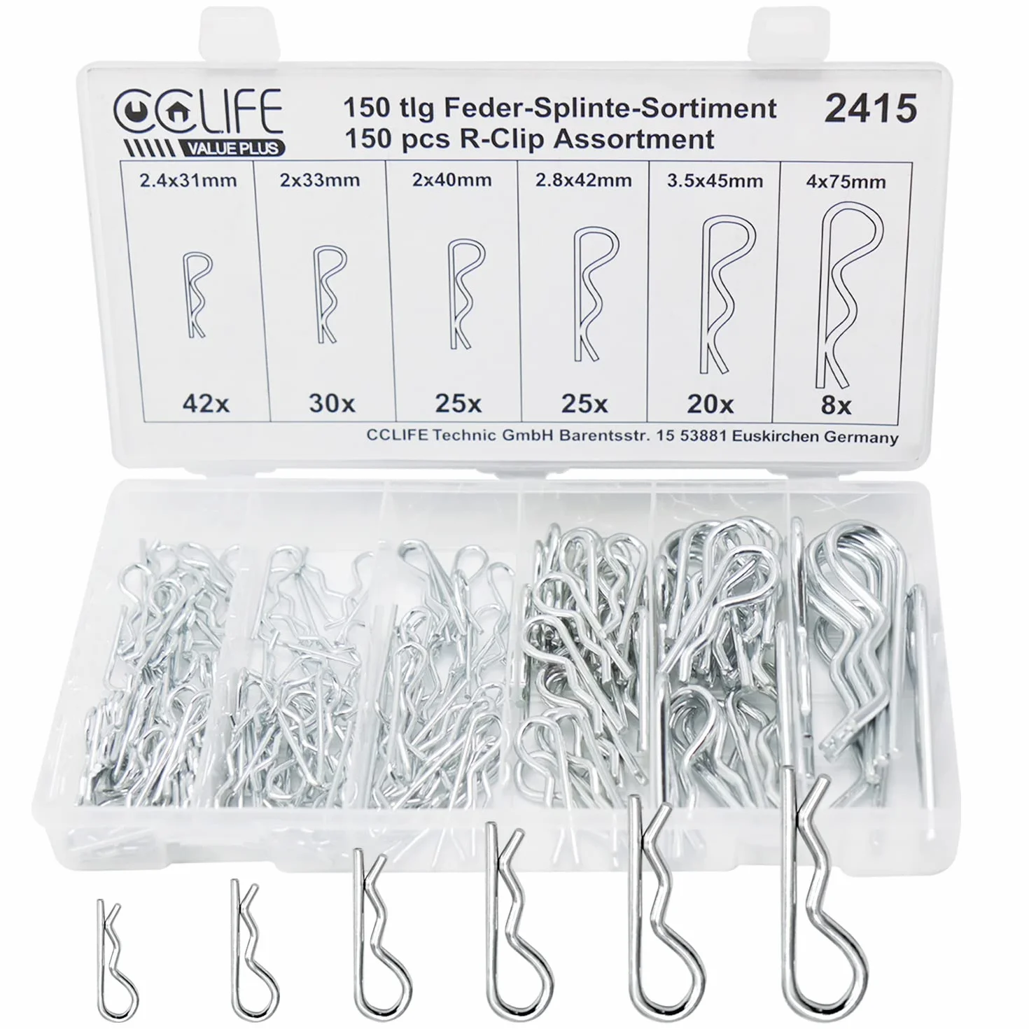 CCLIFE 150 szt Zestaw zawleczek sprężystych 2 - 4mm ze stali nierdzewnej rozdzielony kształt R klipsy klamry zabezpieczające