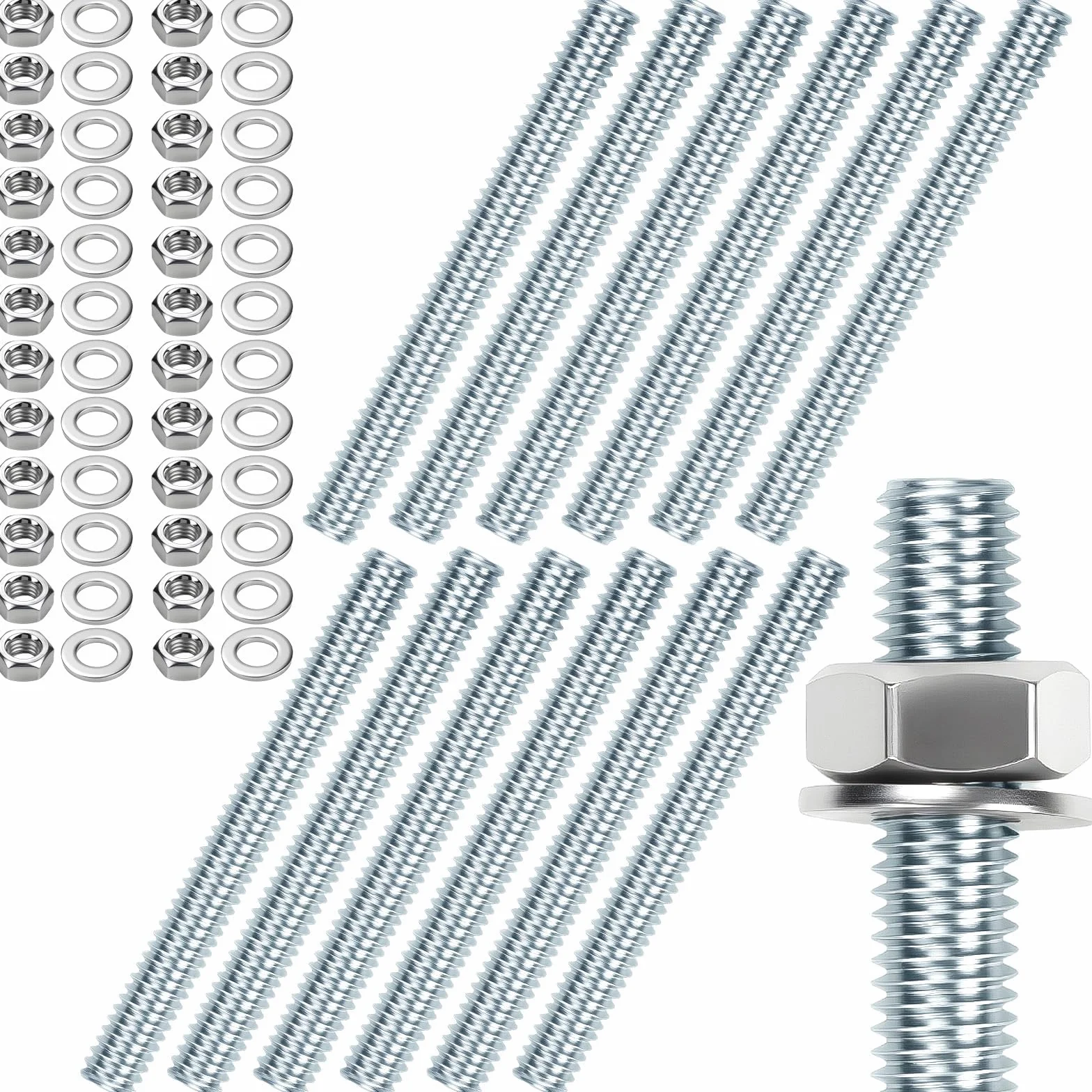 12 sztuk prętów gwintowanych M8, pręty gwintowane M8 x 100 mm, pręt gwintowany, stal ocynkowana, pręty gwintowane z 24 nakrętkami sześciokątnymi i 24 podkładkami