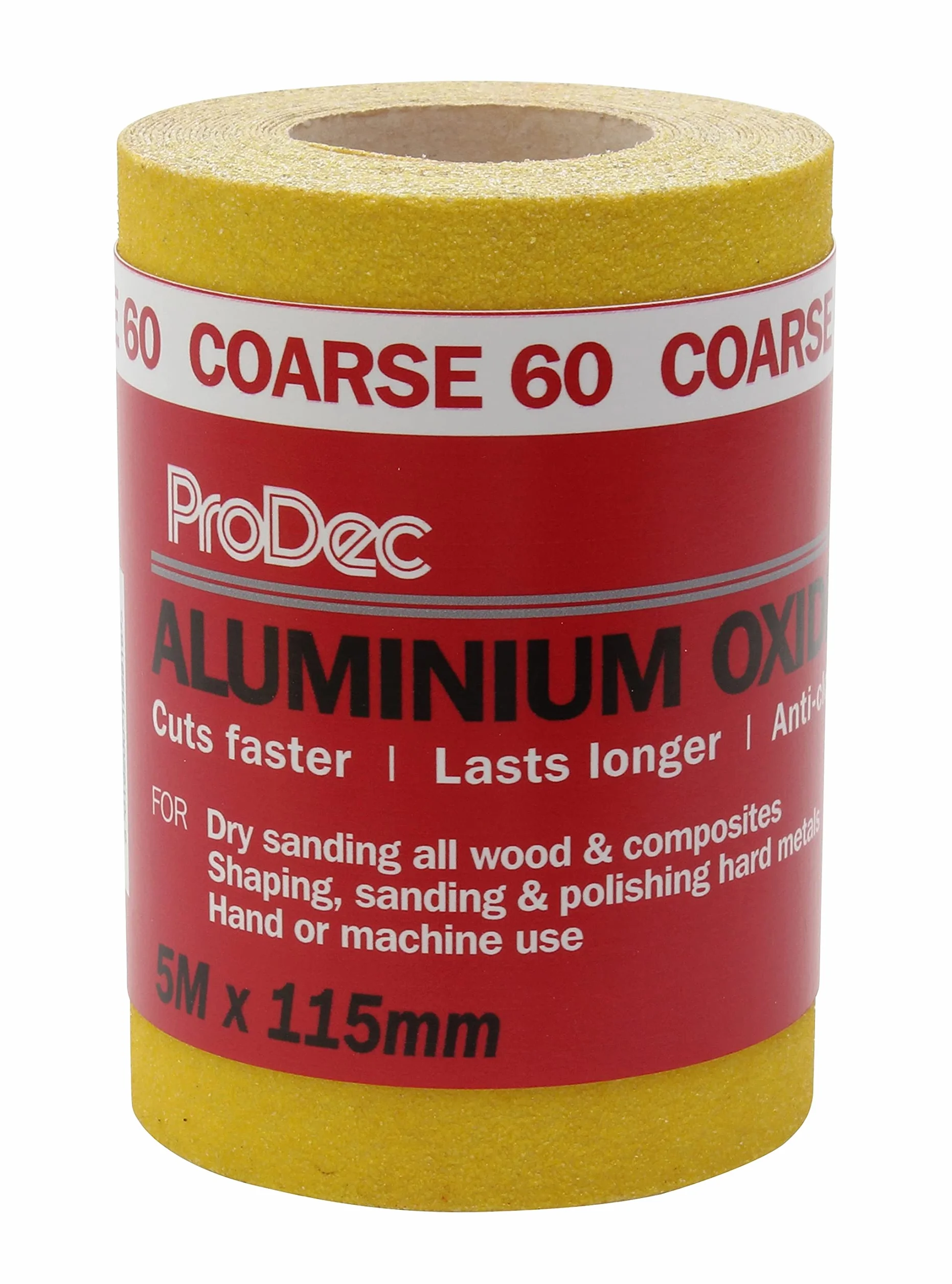 ProDec 5 m rolka papieru ściernego z żółtym tlenkiem glinu o ziarnistości 60 g do szlifowania drewna, farby, tynku, szpachli, metalu i innych materiałów, szerokość 115 mm