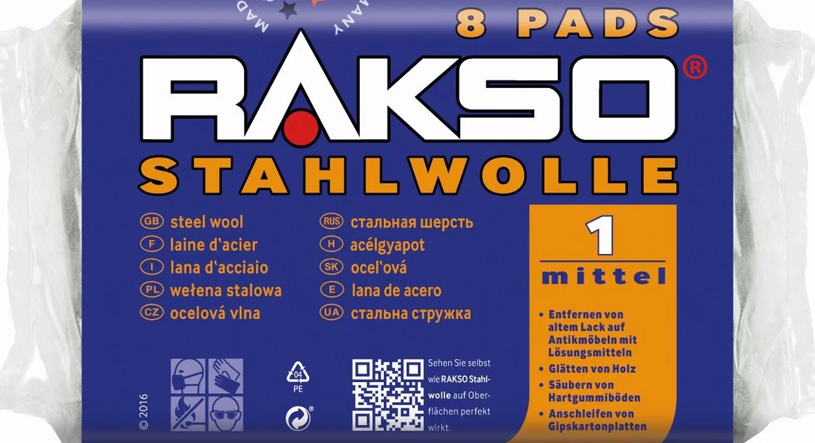 RAKSO Wełna stalowa średnia 1, wygładza drewno, usuwa stary lakier z mebli antycznych, czyści podłogi z twardej gumy, 8 padów 200 g